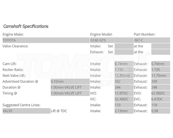 Kelford Cams 267-C camshafts Toyota GR Yaris (Gen 1, Gen 2) (GXPA16), GR Corolla (GZEA14) 1.6 G16E-GTS 282°/290° (hydraulic lifters)
