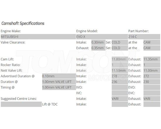Kelford Cams 214-C camshafts Mitsubishi Lancer Evo X 4B11T 278°/272°