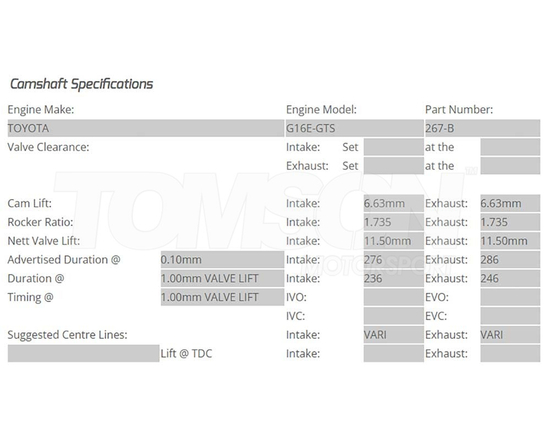 Kelford Cams 267-B camshafts Toyota GR Yaris (Gen 1, Gen 2) (GXPA16), GR Corolla (GZEA14) 1.6 G16E-GTS 276°/286° (hydraulic lifters)