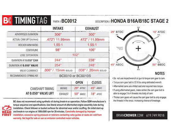 Brian Crower BC0012 cams Honda Civic, CRX, Integra 1.6/1.8 VTEC B16A1, B16A2, B16A3, B16A5, B16A6, B18C1, B18C2, B18C3, B18C4, B18C5, B18C6, B18C7 306°/300° Stage 2
