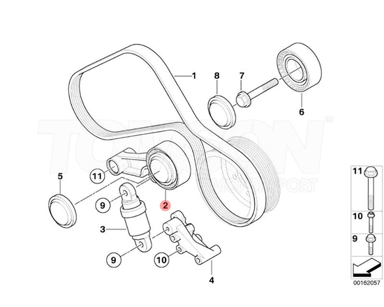 OEM 11287838196 AC belt tensioner pulley with lever BMW E90, E91, E92, E93