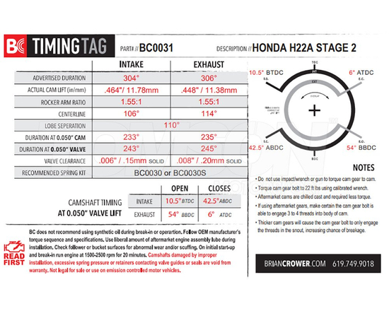 Brian Crower BC0031 cams Honda Accord, Prelude 2.2 VTEC H22A, H22A1, H22A2, H22A3, H22A4, H22A5, H22A7, H22A8 304°/306° Stage 2