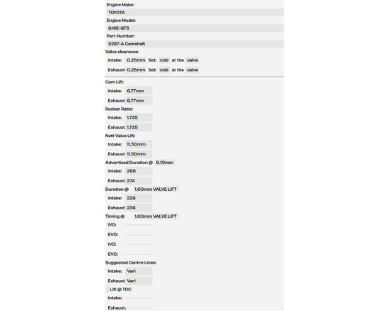 Kelford Cams S267-A camshafts Toyota GR Yaris (Gen 1, Gen 2) (GXPA16), GR Corolla (GZEA14) 1.6 G16E-GTS 266°/274° (solid lifters)