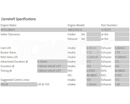 Kelford Cams 8-TX272 camshafts Mitsubishi Lancer Evo VIII 4G63T 272°/272°