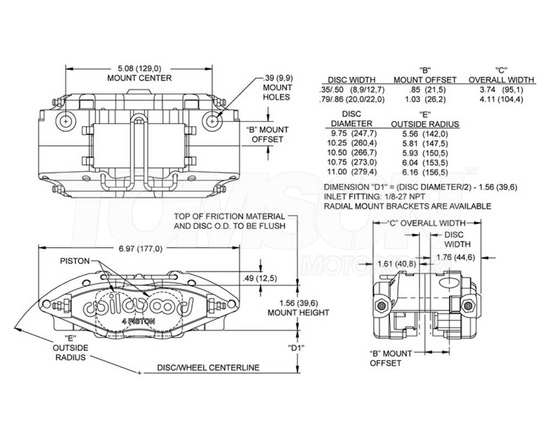 Wilwood 120-8729 Powerlite Radial Mount 4-pot brake caliper 0.86"/11.00" (grey)
