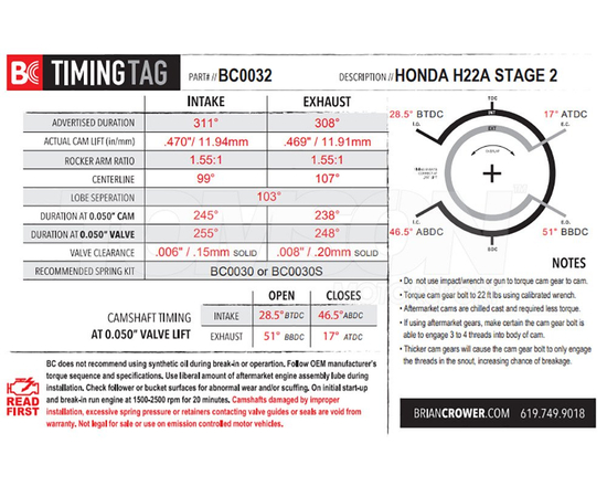 Wałki rozrządu Brian Crower BC0032 Honda Accord, Prelude 2.2 VTEC H22A, H22A1, H22A2, H22A3, H22A4, H22A5, H22A7, H22A8 312°/310° Stage 2