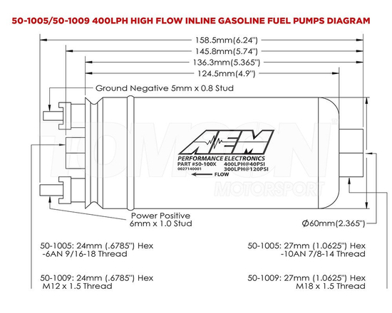 AEM 50-1009 high pressure fuel pump 400 LPH (Bosch 0 580 254 044 style) (M18x1.5 inlet, M12x1.5 outlet)