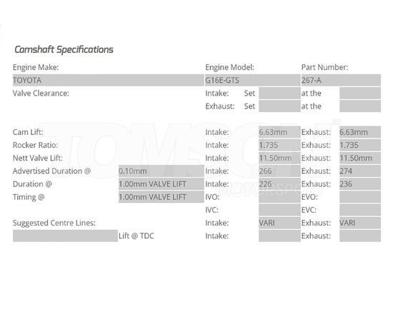 Kelford Cams 267-A camshafts Toyota GR Yaris (Gen 1, Gen 2) (GXPA16), GR Corolla (GZEA14) 1.6 G16E-GTS 266°/274° (hydraulic lifters)