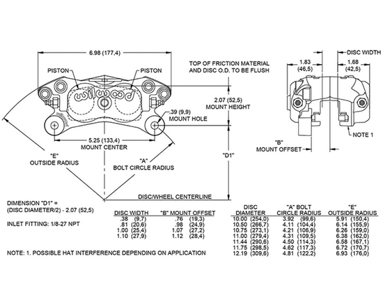 Wilwood 120-13843 Forged Dynalite Internal 4-pot brake caliper 0.38"/13.06" (grey)
