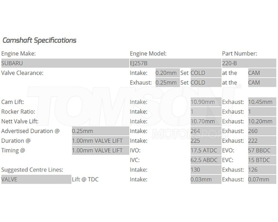 Wałki rozrządu Kelford Cams 220-B Subaru Impreza WRX STi, WRX STi 2008- EJ257B 264°/260° (Dual AVCS)