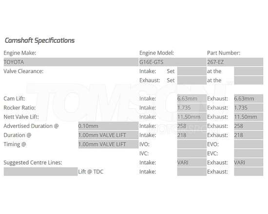 Wałki rozrządu Kelford Cams 267-EZP Toyota GR Yaris (Gen 1, Gen 2) (GXPA16), GR Corolla (GZEA14) 1.6 G16E-GTS 258°/258° (popychacze hydrauliczne)