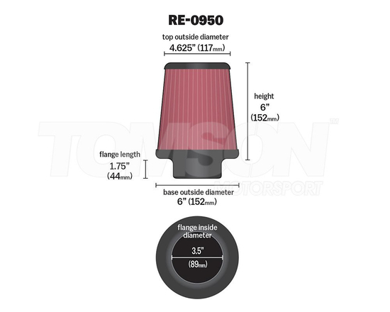 K&N RE-0950 cone air filter 3.5" (89 mm)