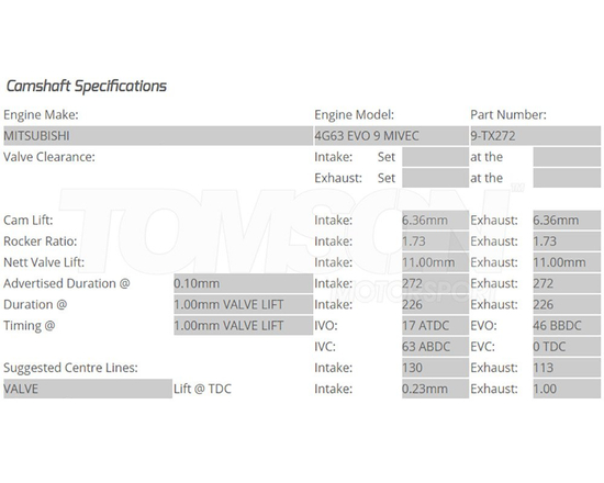Kelford Cams 9-TX272 camshafts Mitsubishi Lancer Evo IX 4G63T MIVEC 272°/272°