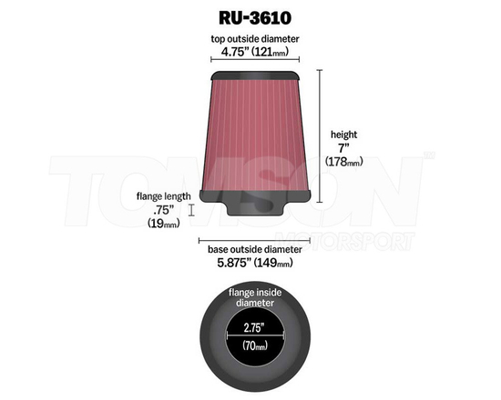 K&N RU-3610 cone air filter 2.75" (70 mm)