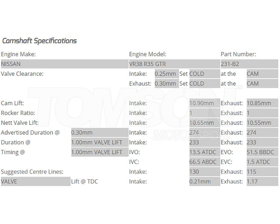 Wałki rozrządu Kelford Cams 231-B2 Nissan GT-R R35 VR38DETT 274°/274°