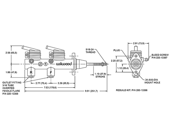 Wilwood 260-7563 (260-8794) tandem remote master cylinder 25.40 mm (1.000")