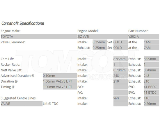 Wałki rozrządu Kelford Cams V202-A Toyota Supra, Chaser, Aristo, Soarer, Lexus IS300, SC300, GS300 2JZ-GE, 2JZ-GTE VVTi 248°/248°