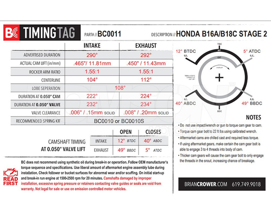 Wałki rozrządu Brian Crower BC0011-2 Honda Civic, CRX, Integra 1.6/1.8 VTEC B16A1, B16A2, B16A3, B16A5, B16A6, B18C1, B18C2, B18C3, B18C4, B18C5, B18C6, B18C7 308°/310° Stage 2