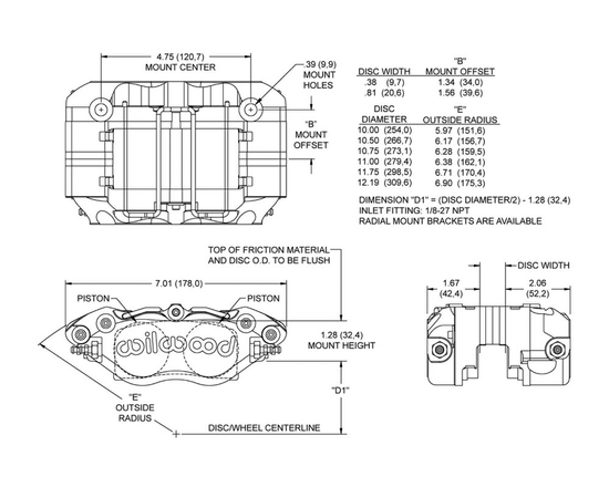 Wilwood 120-10000 Narrow Dynapro Radial Mount 4-pot brake caliper 0.52"/13.06" (silver)