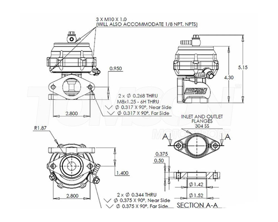 Zawór upustowy spalin (wastegate) Precision Turbo PBO085-1001 (PBO085-1000) PW39 39 mm Gen 2 (dual port top)