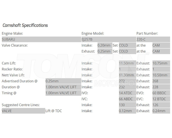 Kelford Cams 220-C camshafts Subaru Impreza WRX STi, WRX STi 2008- EJ257B 272°/268° (Dual AVCS)