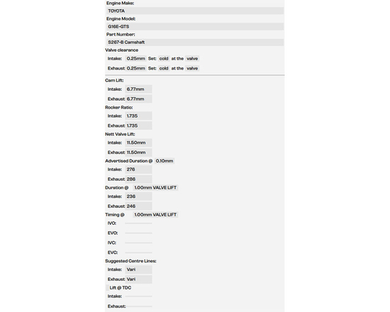 Wałki rozrządu Kelford Cams S267-B Toyota GR Yaris (Gen 1, Gen 2) (GXPA16), GR Corolla (GZEA14) 1.6 G16E-GTS 276°/286° (mechaniczne popychacze)