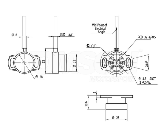 Variohm XPD 32 mm DBW (Drive By Wire) 180° throttle position sensor for Tilton 72-603, 72-615, 72-616, 72-618, 72-803, 72-903 pedalboxes