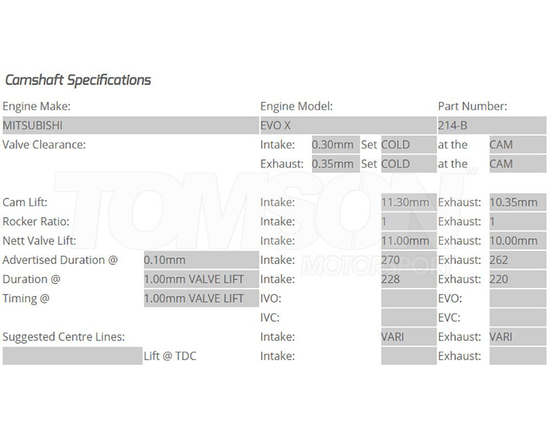 Kelford Cams 214-B camshafts Mitsubishi Lancer Evo X 4B11T 270°/262°