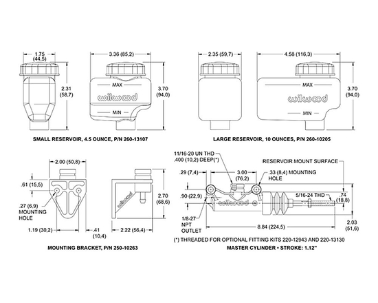Wilwood 260-12384 Compact Remote Side Mount Master Cylinder 15,87 mm (5/8 inch) Bore Size