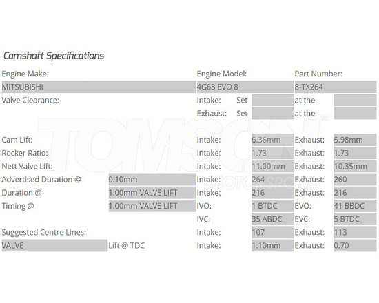 Wałki rozrządu Kelford Cams 8-TX264 Mitsubishi Lancer Evo VIII 4G63T 264°/260°